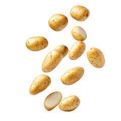 Obraz premium Falling fresh potatoes, Fresh potatoes tumble against a clean white backdrop, showcasing their earthy color and rough texture beautifully, isolated on on transparent background