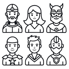 Set of Superhero and Character Avatar Outline Icons isolated on white background