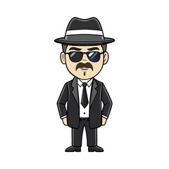 Cartoon man wearing fedora, sunglasses, and business suit confidently presents a transparent background