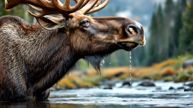 A moose drinking from a mountain stream, water dripping from its wide muzzle as it lifts its head