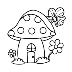 cute mushroom house coloring page with flowers