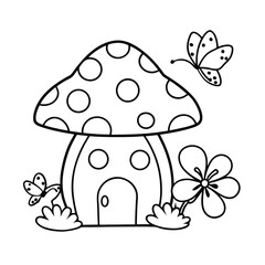 cute mushroom house coloring page with flowers