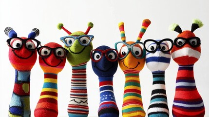 Sock Puppet Friends in Glasses A Colorful Composition, Friendship, Fun, Creativity Sock puppets, glasses, colorful, whimsical