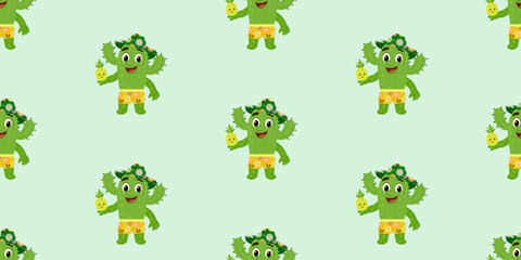 Pattern with cute cactus character in summer outfit holding pineapple, seamless playful design on mint background