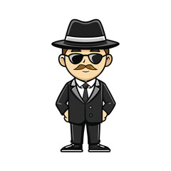 Obraz premium Cartoon mobster with mustache wears black suit and fedora on a transparent background