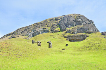 Moai statues abandoned on the slopes of the Rano Raraku volcano on Easter Island