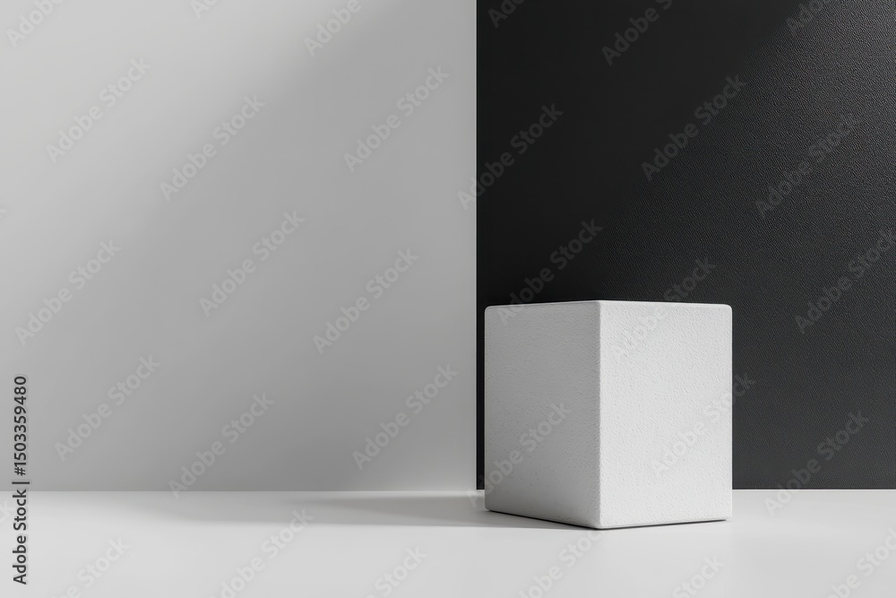 Aufkleber minimalist white cube on a clean surface with contrasting black and gray walls in a well-lit interio