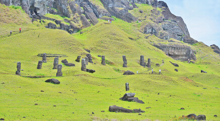Moai statues abandoned on the slopes of the Rano Raraku volcano on Easter Island