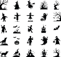 Fototapeta premium High-quality Halloween vector illustration featuring spooky and fun design elements including ghosts, jack-o'-lanterns, bats, witches, skulls, and spider webs. Perfect for seasonal design projects suc