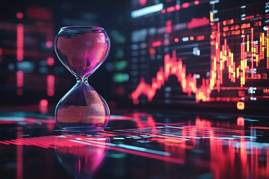 Hourglass on a stock market chart, representing time and financial investment with a blurred background of trading data and red candlesticks - Powered by Adobe