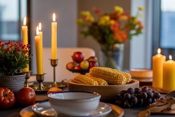 Naklejka premium Elegant Table Setting Featuring Candles Fresh Fruits and Vegetables in Soft Evening Light