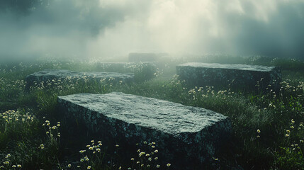 Foggy Cemetery Landscape with Stones Surrounded by Wildflowers