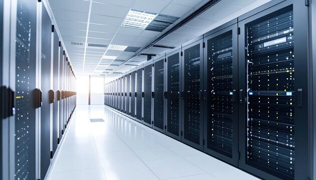 Modern data center with rows of server racks and efficient lighting - Powered by Adobe