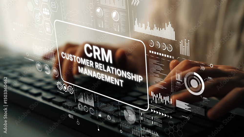 Poster modern business technology interface with crm customer relationship management concept and data visu