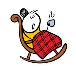 Cartoon sweet old lady is sitting on a rocking chair, covering herself with a plaid cozy blanket and drinking coffee. Vector illustration of an elderly lady at home.