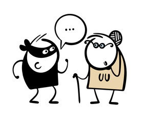 Cartoon cunning scammer is cheating an elderly woman out of money. Vector illustration of a cyber criminal stealing finances from an old lady.