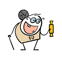 Cartoon happy old woman holds a sweet big candy in her hand. Vector illustration of an elderly lady with glasses and gray hair without teeth delighted with a sweet unhealthy dessert.