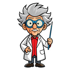 Cartoon scientist with gray hair presents a lesson using a blue pointer stick