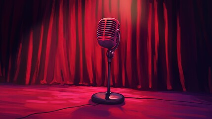 Retro Microphone on Stage with Red Curtain