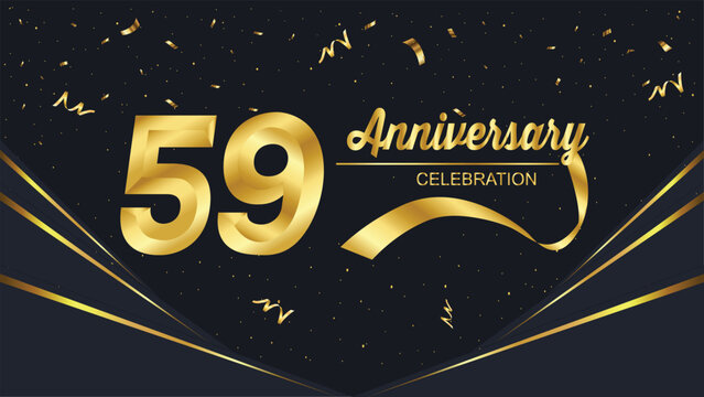 A luxurious 53th anniversary celebration design featuring bold golden typography, ribbons, and shimmering confetti on a sleek black background for a festive, elegant occasion.