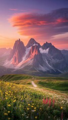 Majestic Mountain Peaks at Sunset with Wildflower Meadow Path