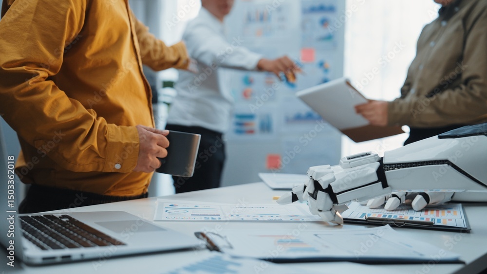 Poster a dynamic business team engages in collaboration, utilizing advanced technology and robotic tools to