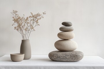 Natural stones arranged harmoniously with delicate dried flowers in a simple vase on a minimalist table setting