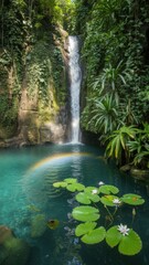 Naklejka premium Serene Waterfall in Lush Tropical Rainforest with Water Lilies