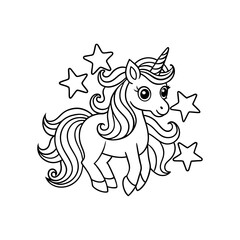 Obraz premium Magical Unicorn Surrounded by Stars Kids Coloring Page Vector