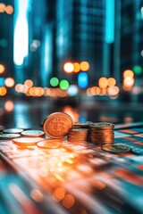 Bitcoin Coins in City Lights