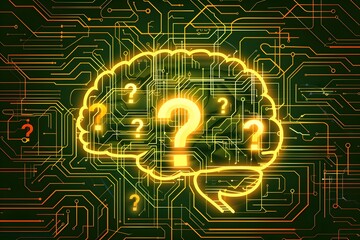 A glowing brain outline with question marks illuminates a circuit board background, symbolizing the mysteries of artificial intelligence and cognitive processes.