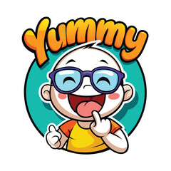 Cheerful cartoon boy wearing glasses exclaims yummy with finger licking in vibrant colors