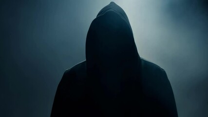 Dark mysterious hooded figure silhouette remains motionless against moody blue atmospheric background creating dramatic tension and enigmatic presence throughout sequence - Powered by Adobe