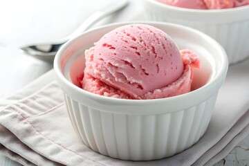 Pink Ice Cream Scoop in White Ceramic Bowl – Smooth, Creamy Frozen Dessert
