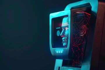 A futuristic depiction of a technological face scan being analyzed, showcasing data visualization. The image explores the intersection of artificial intelligence and identity.