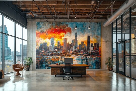 Fototapeta Vibrant skyline of New York City during sunset seen from a modern office interior with cozy furniture