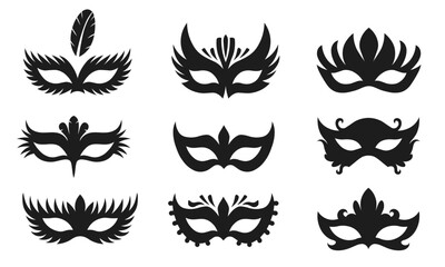 Carnival Masks Silhouettes Set – Masquerade Masks for Mardi Gras, Party, Parade and Halloween. Venetian Mask Vector Elements Isolated on White Background