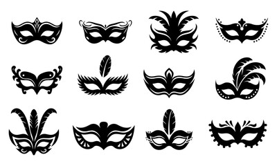Carnival Masks Silhouettes Set – Masquerade Masks for Mardi Gras, Party, Parade and Halloween. Venetian Mask Vector Elements Isolated on White Background