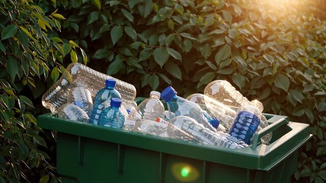 Overflowing plastic waste in sunlit dumpster highlights environmental impact and urgency for recycling efforts