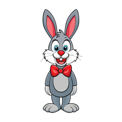Obraz premium Cheerful gray rabbit standing upright with a red bow tie presents a smile