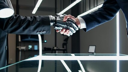 Business professional greeting humanoid robot with handshake representing future of work, automation and human-AI collaboration - Powered by Adobe