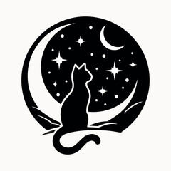 A cat is seated on a crescent moon against a star backdrop.