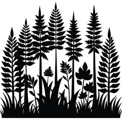 Black and white forest silhouette illustration featuring trees grass and various plants on white background