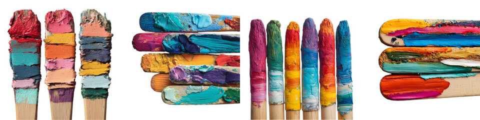 Set of colorful paint stirring sticks with dried paint layers isolated on transparent background
