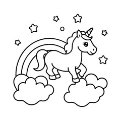 cute unicorn on clouds with rainbow and stars coloring page