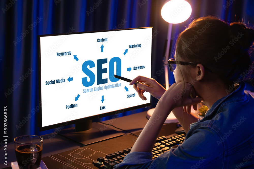 Poster seo search engine optimization for brisk e-commerce and online retail business showing on computer s