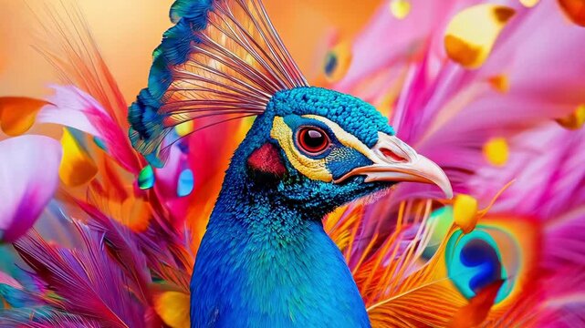 Vibrant peacock amidst colorful feathers