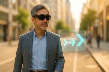 Middle-aged Asian man using smart glasses with augmented reality navigation while walking in a modern city at sunset