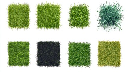 Nine square patches of varying shades of green grass, from light to dark, and different textures, displayed against a white background