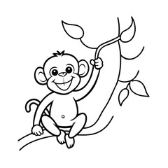 happy monkey swinging on tree branch coloring page